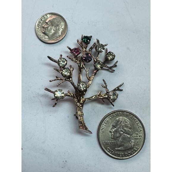 Estate Sterling Silver Tree Brooch Pin w/ Multi-Color Crystal Stones 8.2g 50mm - Picture 6 of 8